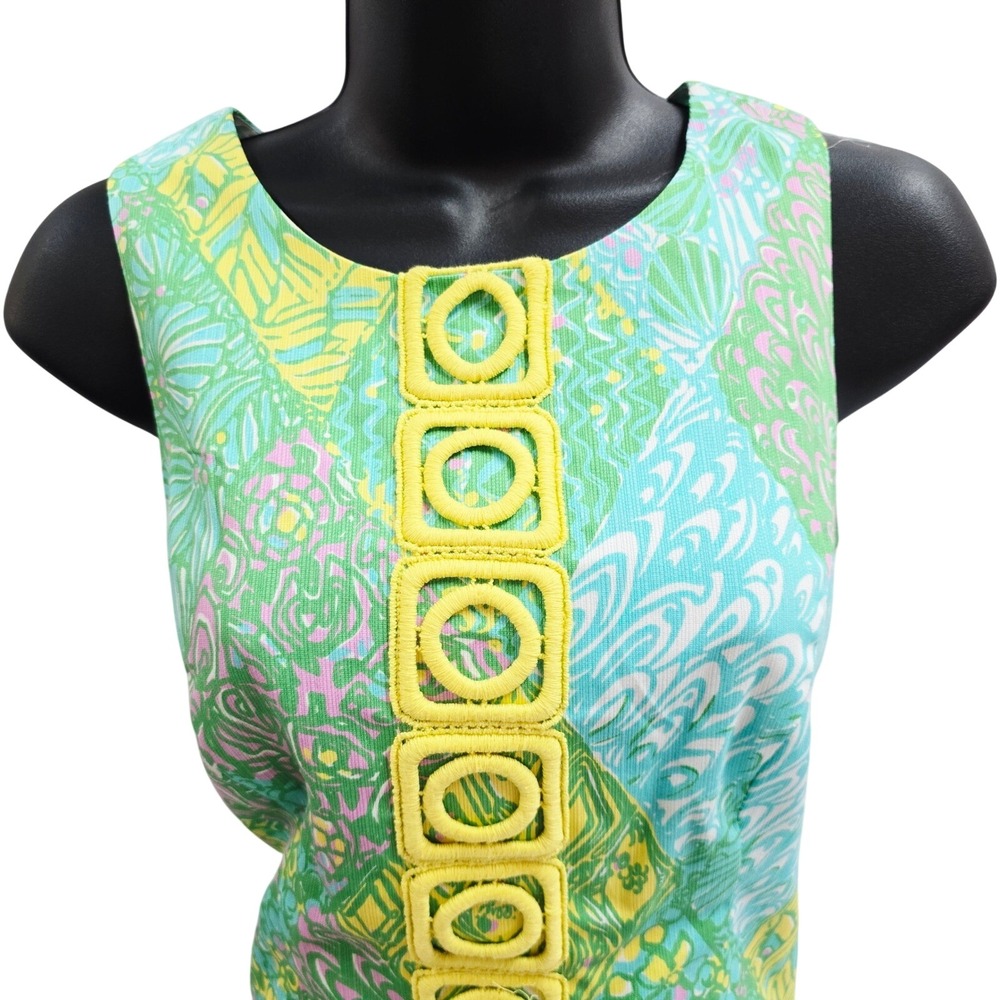 Lilly Pulitzer Green Yellow Tropical Geometric Trim Cotton Shift Dress Size 4 - Picture 2 of 9
